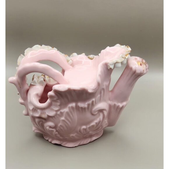 RARE - Pink China Water Pitcher - 3D Design - Floral, Leaves, Lace Stamped on Bo - Picture 6 of 7